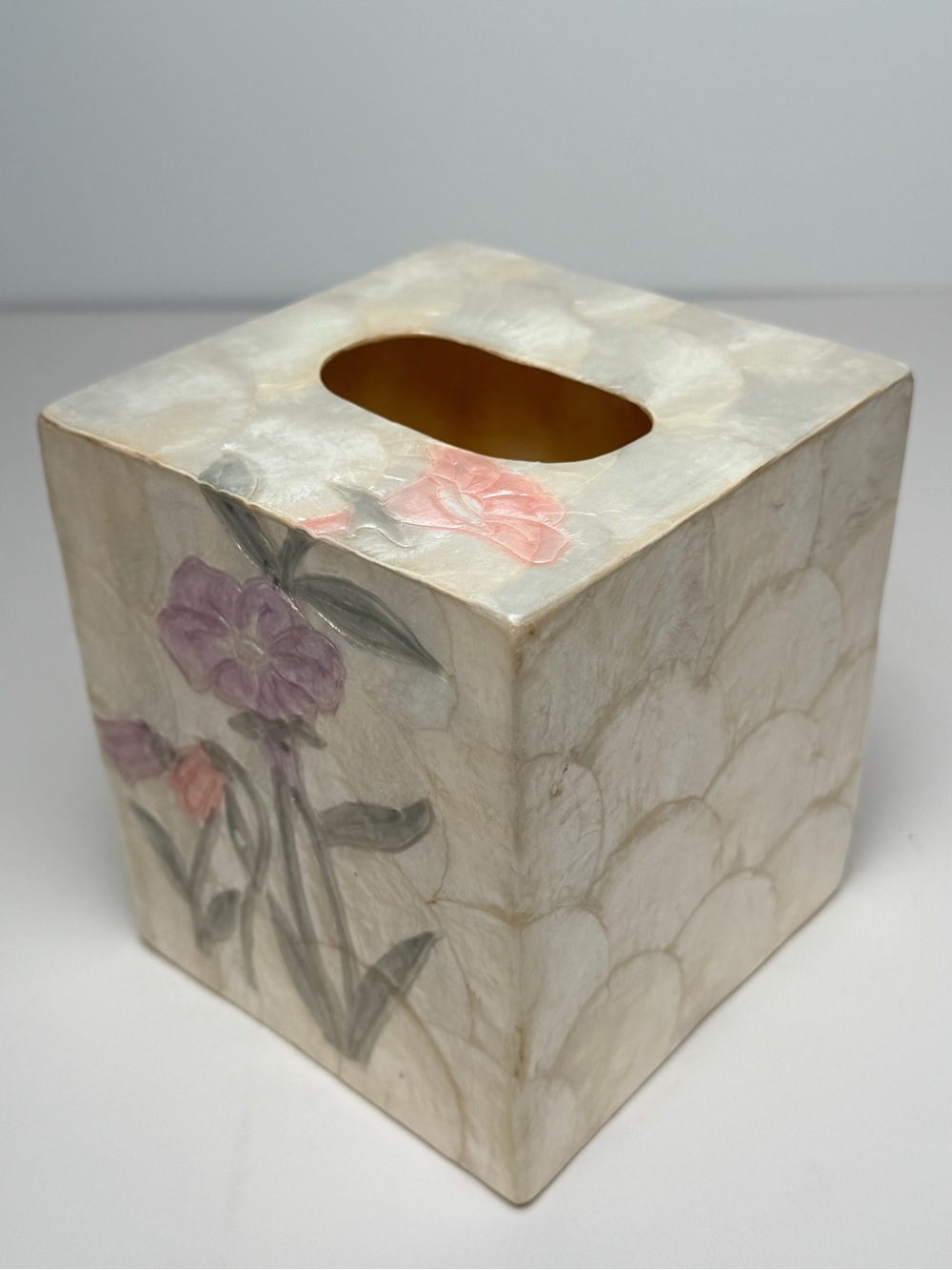 Vintage Capiz Shell Square Floral Tissue Box Cover 3D Effect Cream/Purple/Pink,